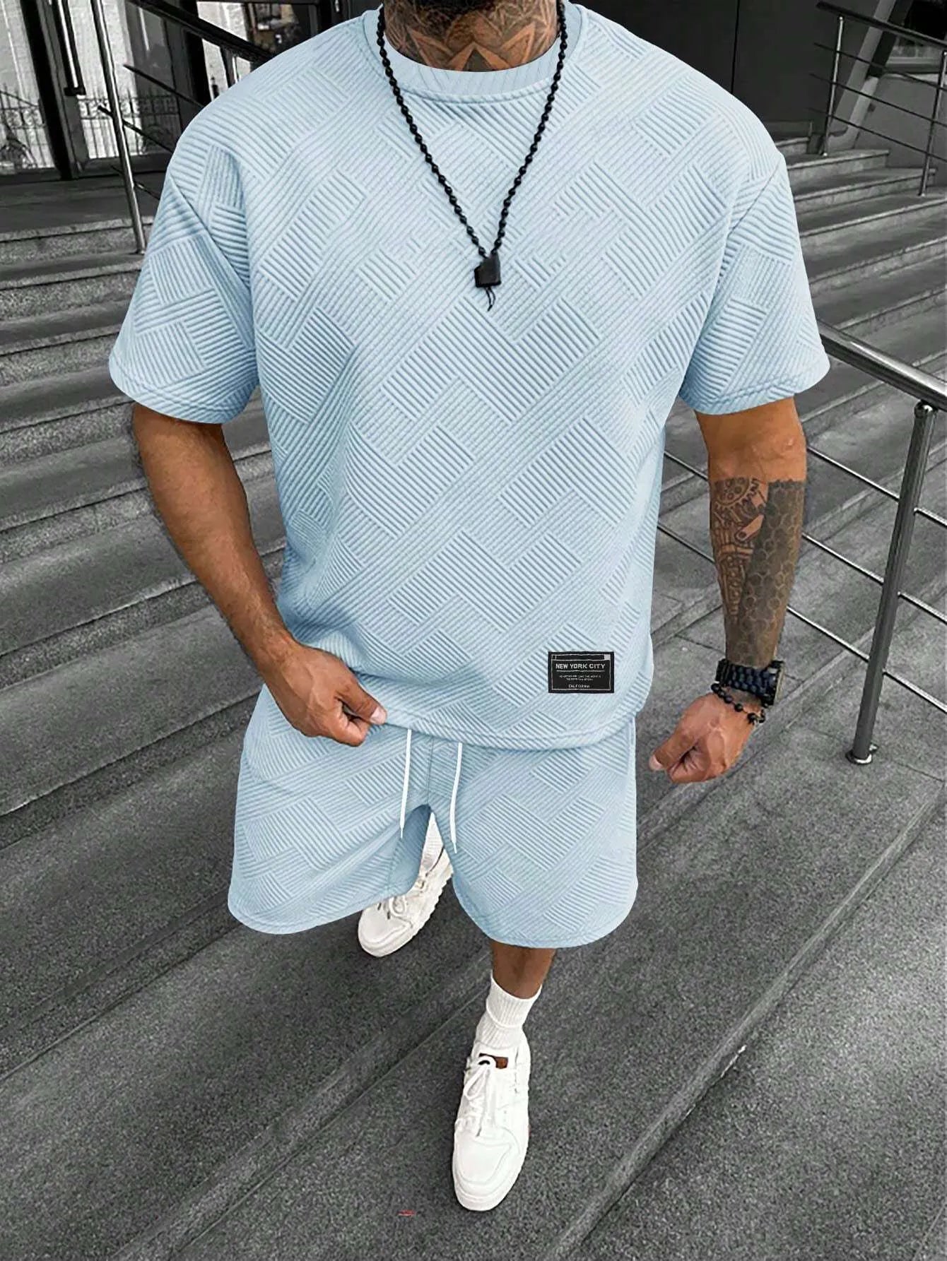 Men's short sleeve shorts suit with printed pattern, polyester fabric, in multiple colours and sizes