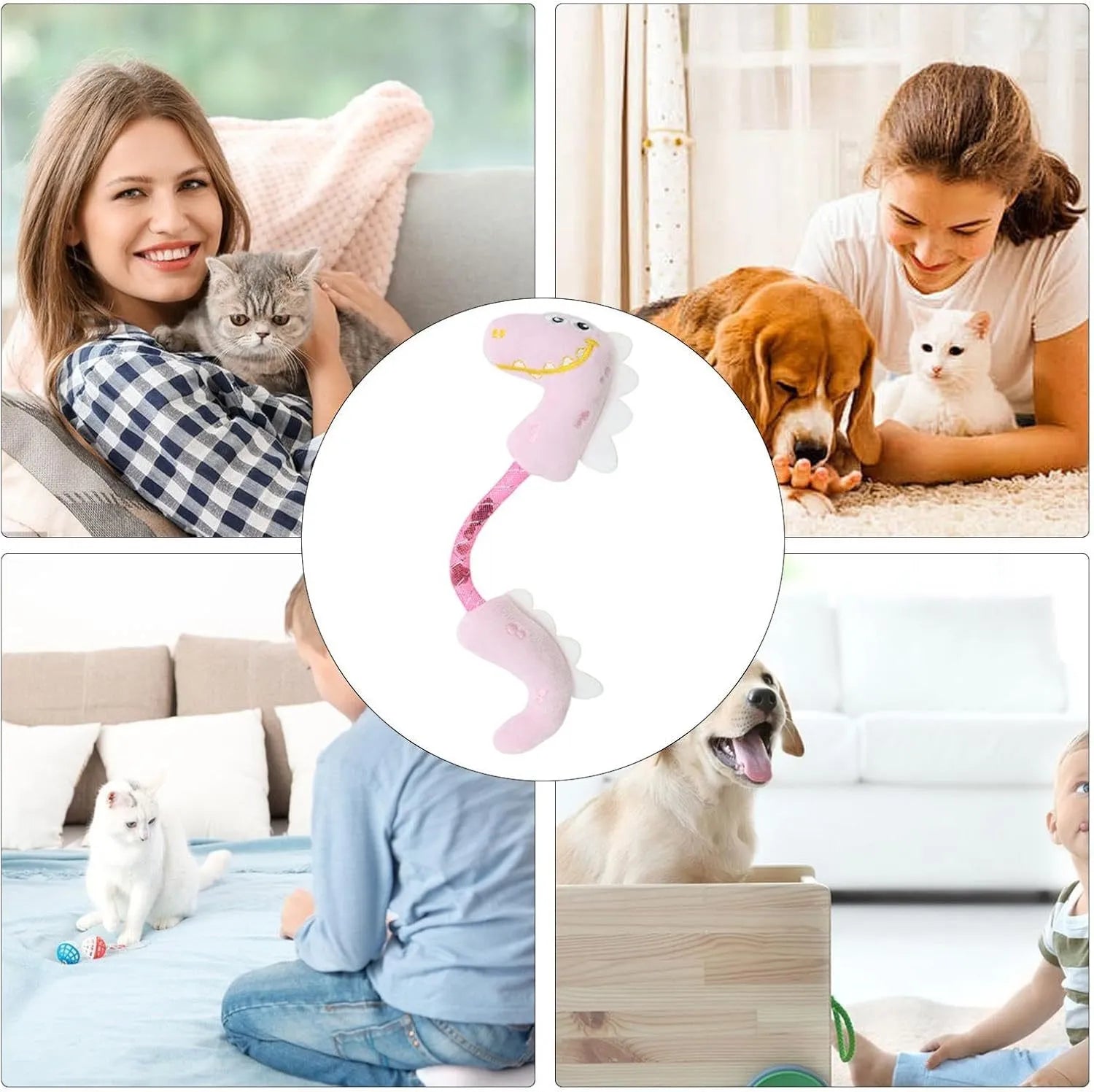 Four-piece cat toy set with rope, springs, and kicker toys in pink, purple, and yellow colours.