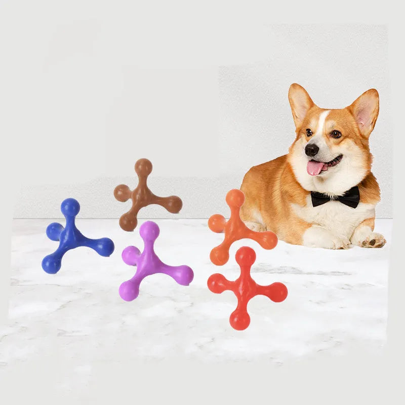 Blue silicone puppy chew toy shaped like a bone with three legs on a white background.