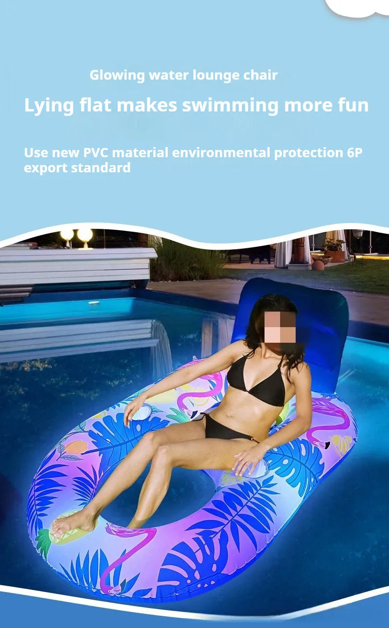 Inflatable water luminous floating bed with backrest recliner and built-in light in white luminous style on swimming pool water