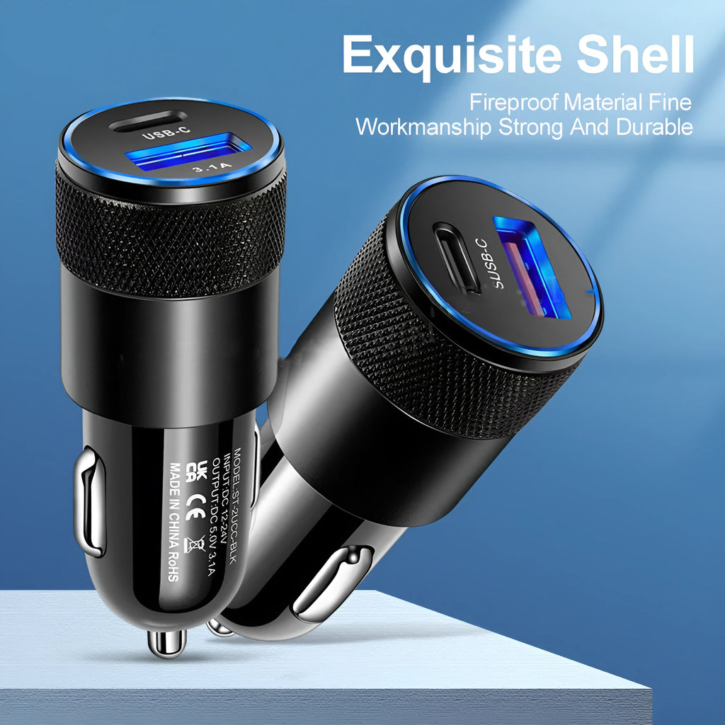 Aluminium alloy mobile phone car charger 12V input 2.5x6cm ABS plastic in Black Silver finish