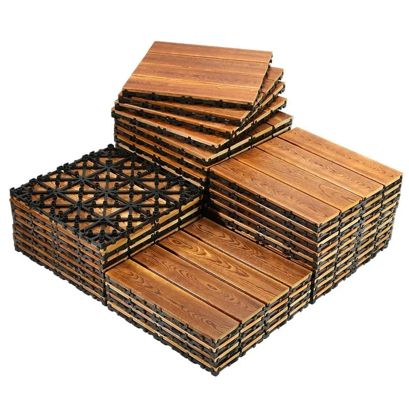 30x30cm camphor pine wood floor tiles with interlocking edges for balcony and indoor-outdoor use