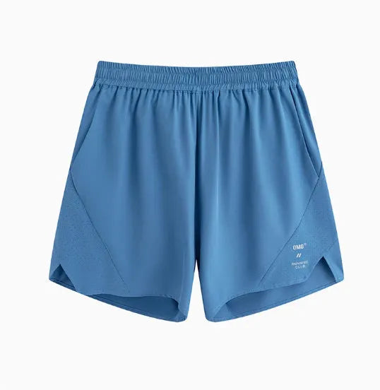 Black and blue running shorts with four-sided stretch and laser-stitched seams for training.