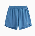 Black and blue running shorts with four-sided stretch and laser-stitched seams for training.
