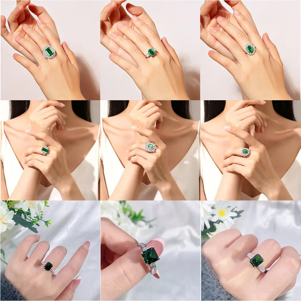 Women's geometric S925 sterling silver ring with elliptical emerald centre stone and diamond accents