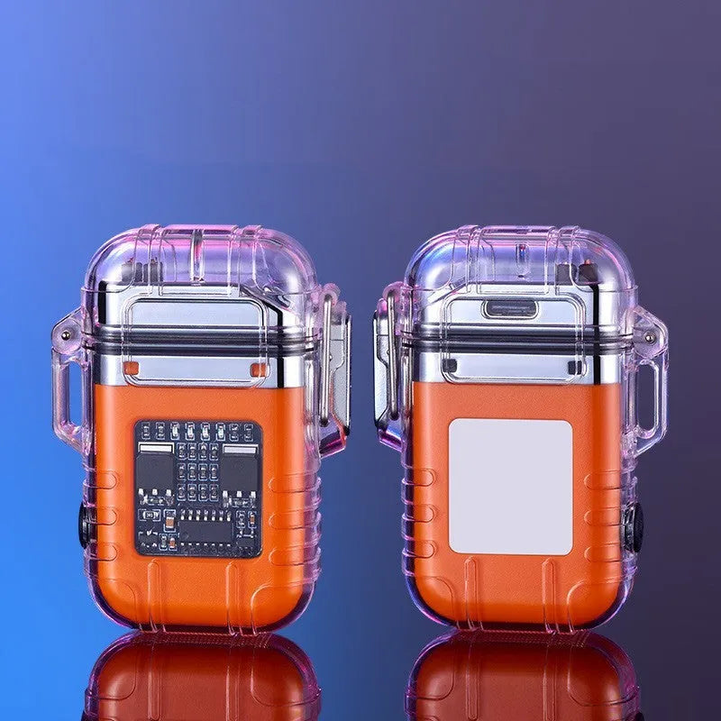 Transparent shell double arc lighter with USB rechargeable battery and triple-mode flashlight in black