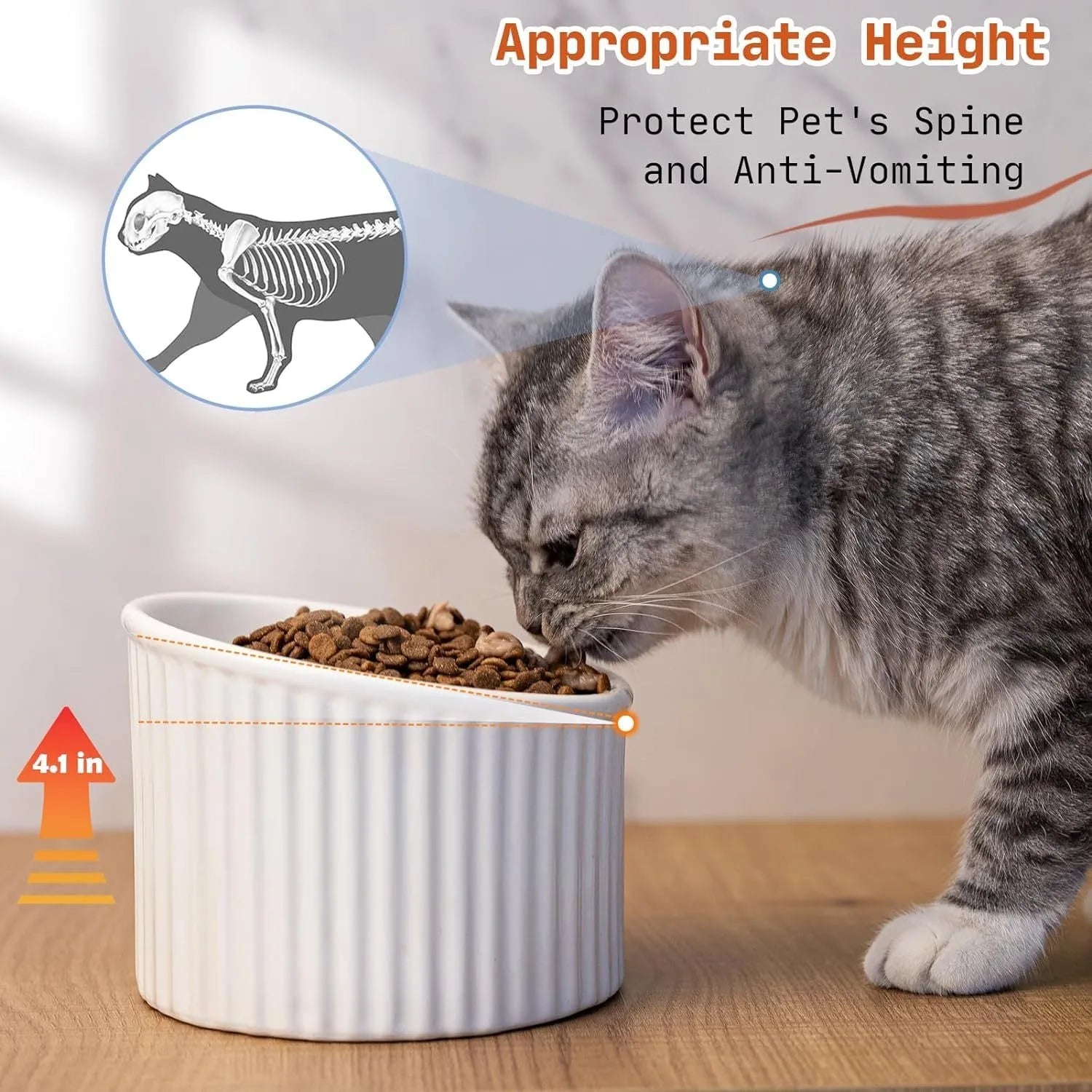 Ceramic raised cat bowl with tilted design in green colour on wooden surface