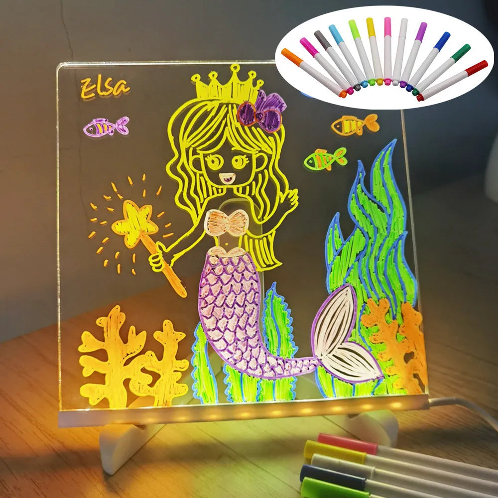 Acrylic DIY note board LED night light with pens on desk, showing written message and soft glow