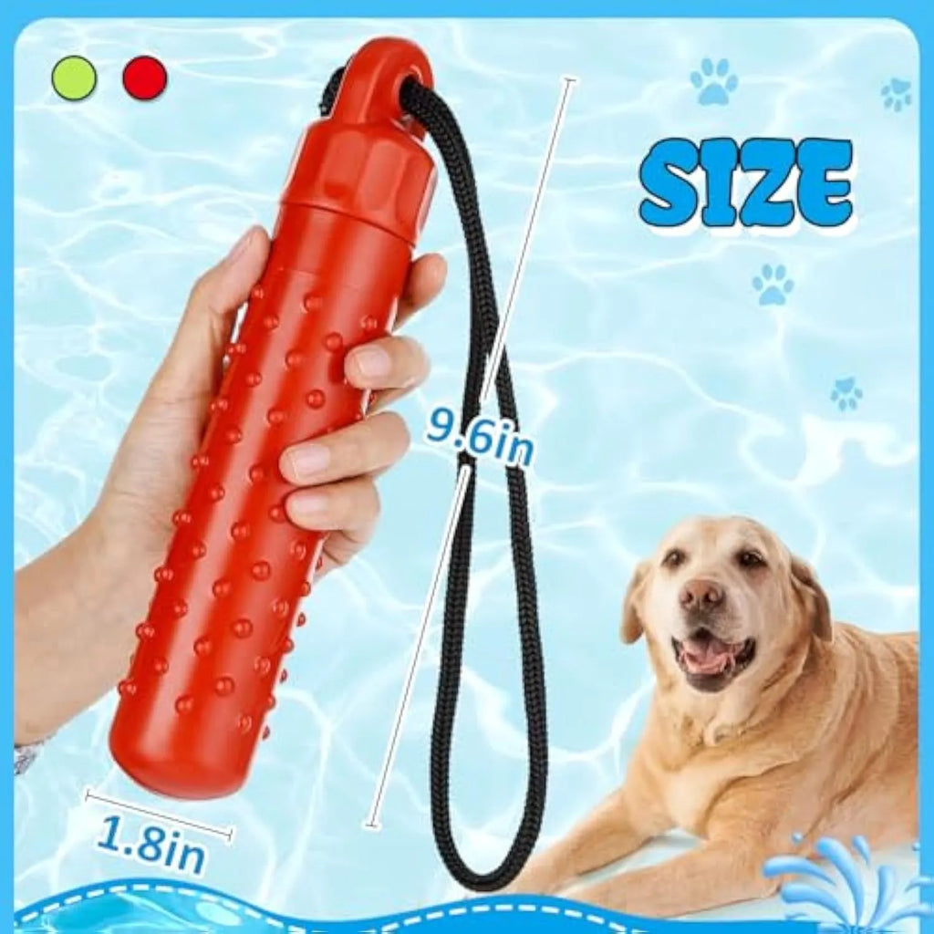 Floating dog pool toys in red and green TPR with rope, resting on water surface