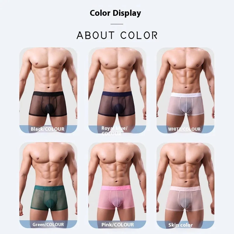 Men's thin polyester boxer shorts in six colours including black white blue green pink skin