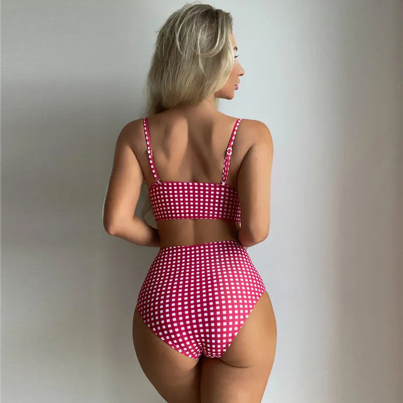 Women's high-waisted plaid bikini swimsuit with split sides in rose red, black, blue, and sky blue colours