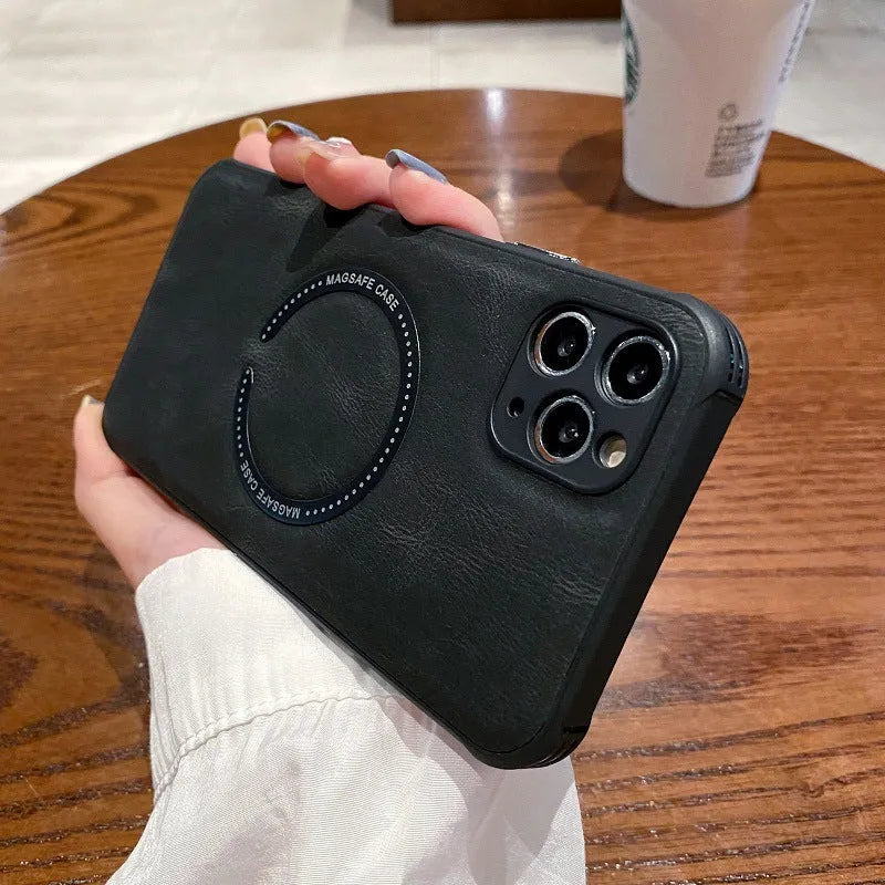 Business magnetic charging phone case imitation leather black fits Apple iPhone models