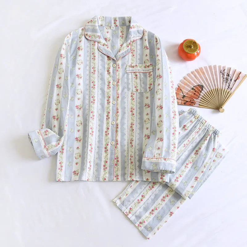 Japanese style cotton gauze homewear trousers set with long sleeves in colour stripes pattern