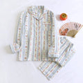 Japanese style cotton gauze homewear trousers set with long sleeves in colour stripes pattern