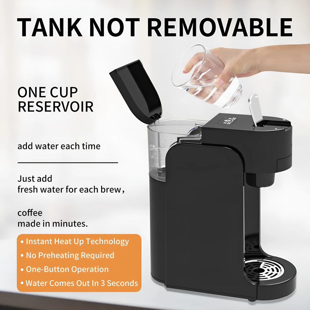 Mini capsule coffee machine with black ABS body, stainless steel tray, and transparent water tank on countertop