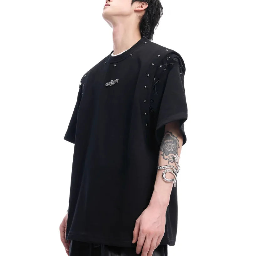 Black short sleeve cotton blend T-shirt with a lace-up cutout design detail on the front.