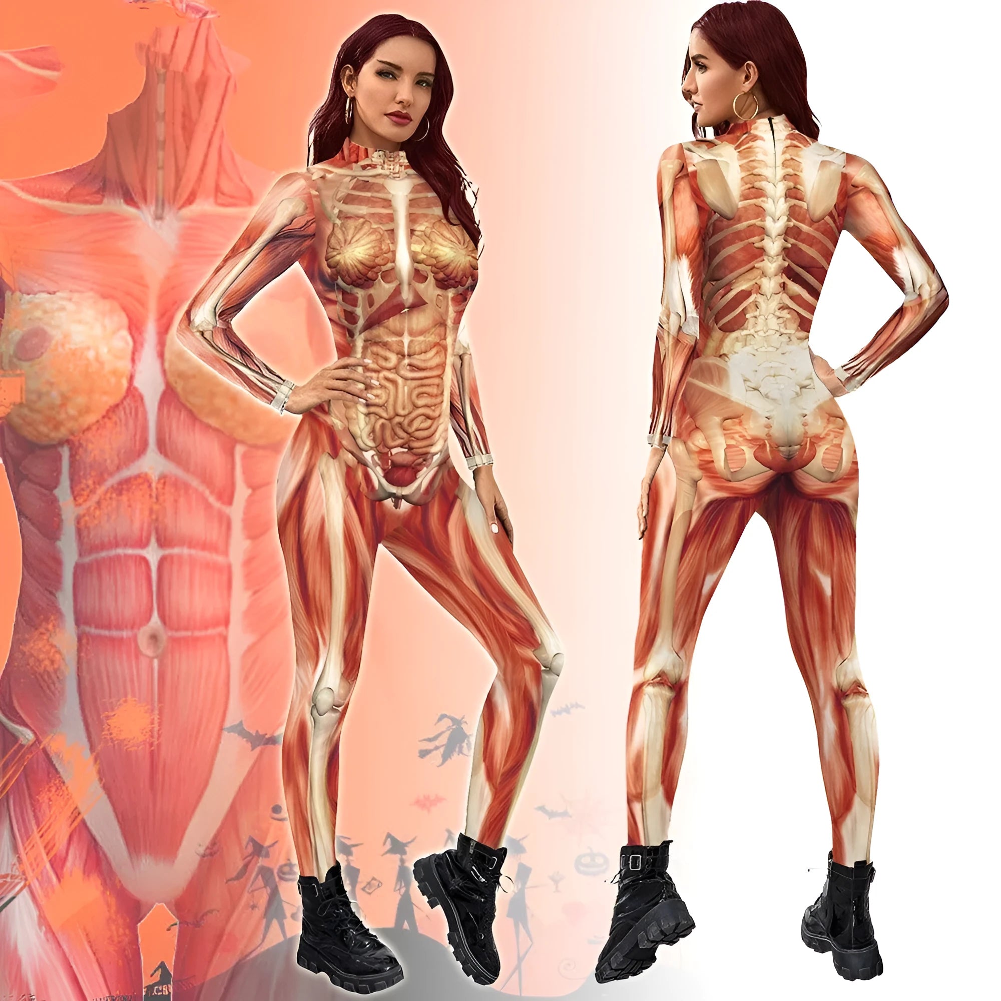 Simulation skeleton one-piece tights in black B142-279 style, showing printed bone design on full body
