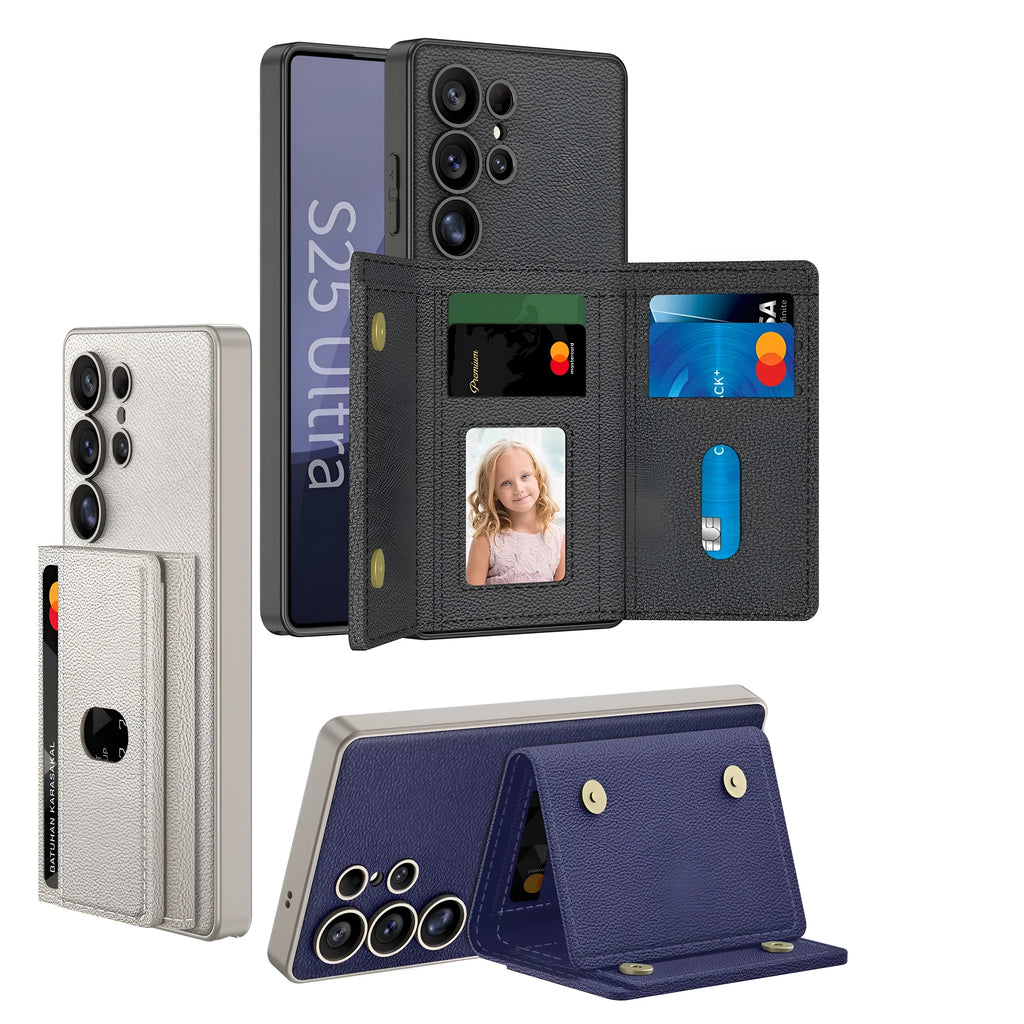 Samsung S24Ultra S25Ultra magnetic wallet phone case with stand in frosted plain leather, carbon fiber pattern option