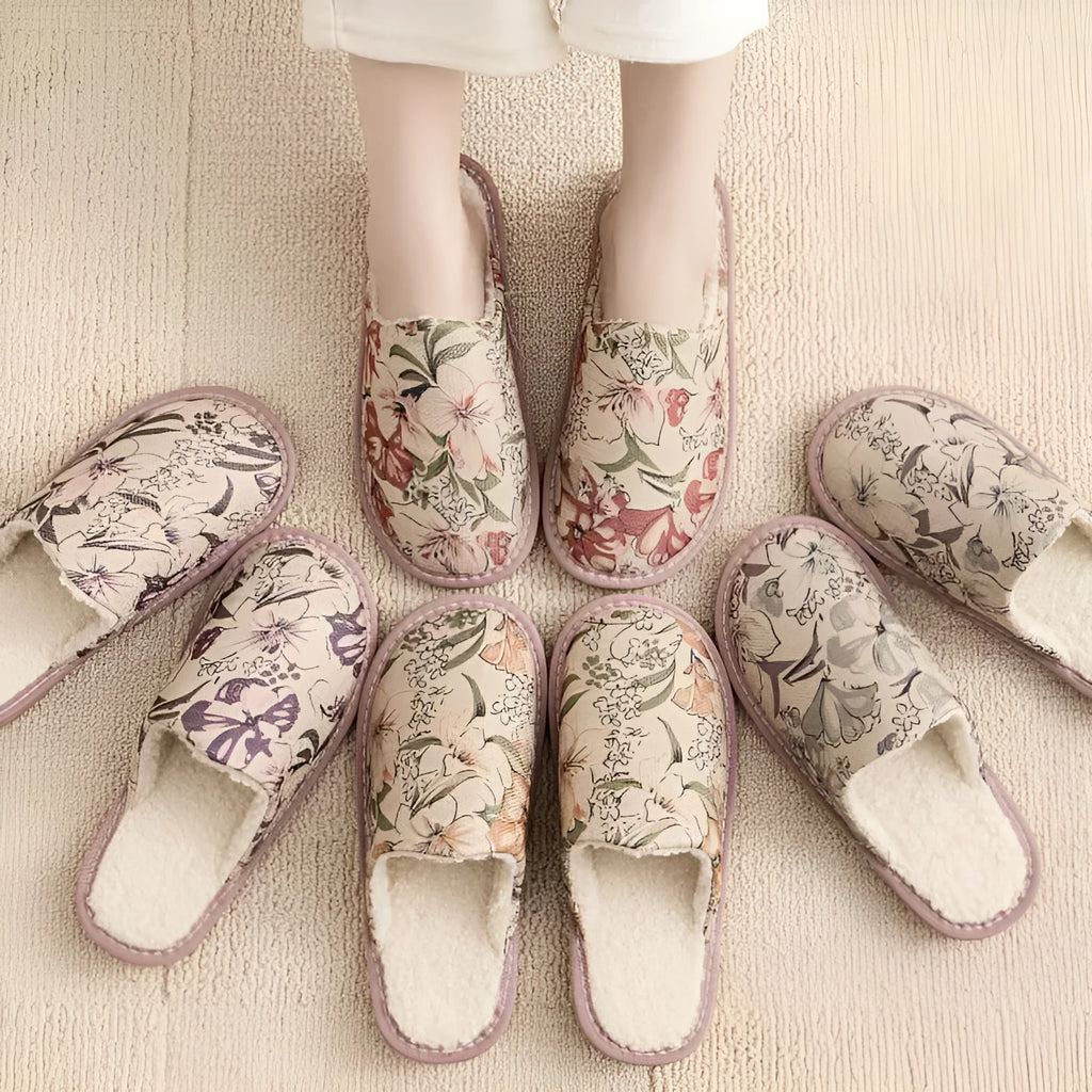 Warm winter linen surface cotton slippers with PVC sole, red flower colour, size 27cm on a wooden floor