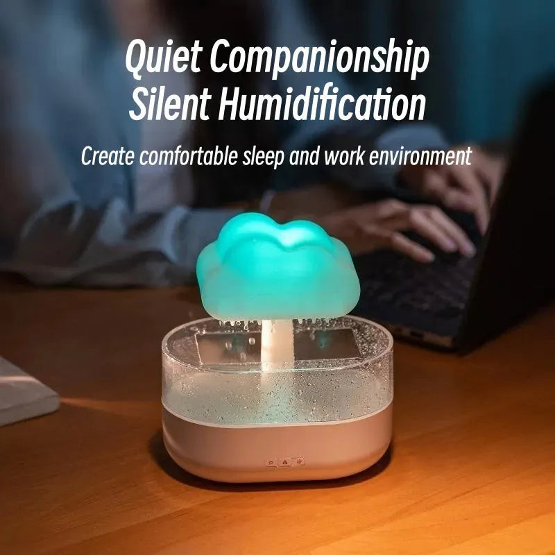 Rain cloud night light humidifier with 7 colour LED lights and raining water drop sound in white