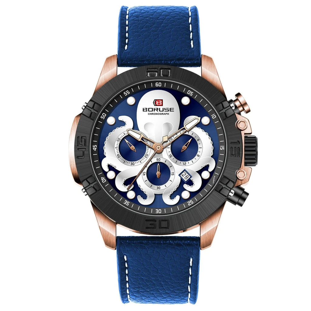 Octopus Men's Waterproof Luminous Quartz Watch Blue Ribbon Blue Surface Casual Style
