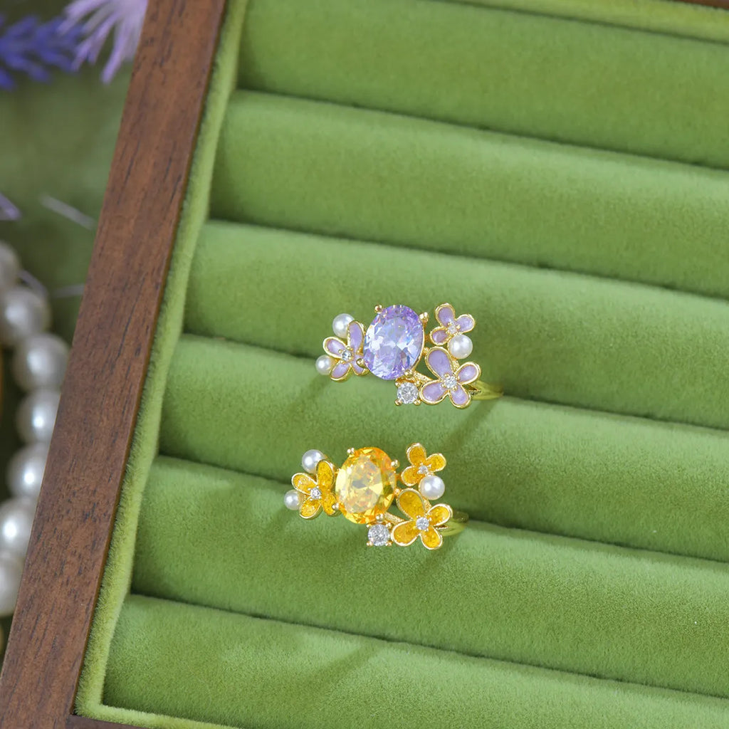 Flower pearl zircon open ring on copper base, yellow colour, cream sweet girl style
