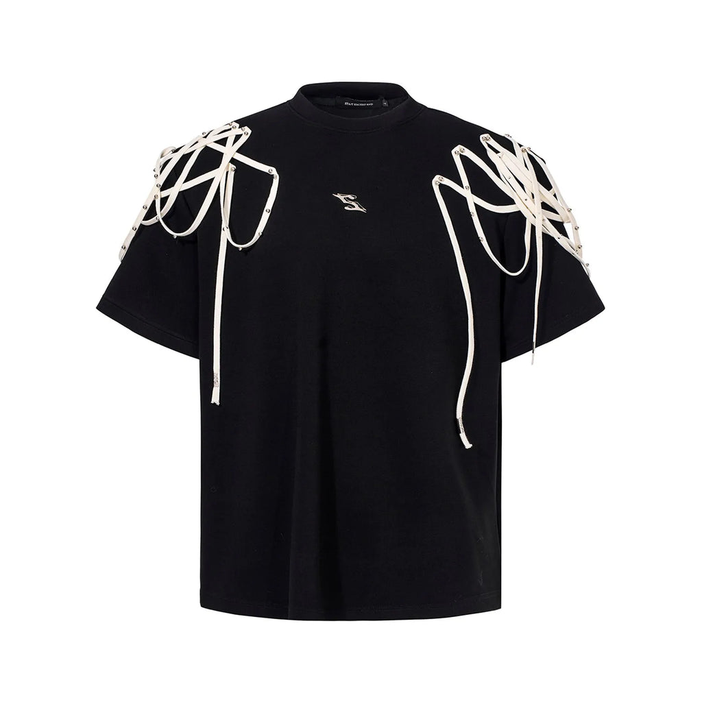 Black women's T-shirt with rivet ribbon padded shoulders and short sleeves