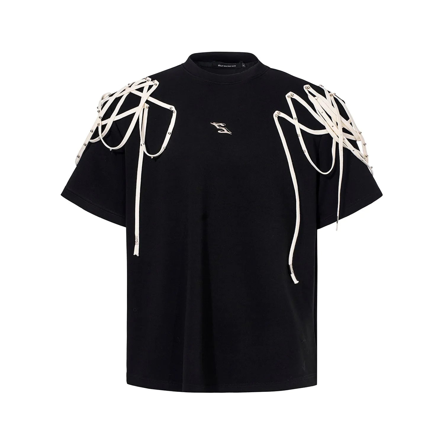 Black women's T-shirt with rivet ribbon padded shoulders and short sleeves