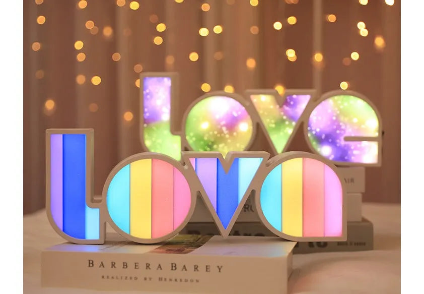 LED LOVE light with rainbow lampshade, plastic build, USB cable, 35.5x13.5cm, romantic bedroom decor