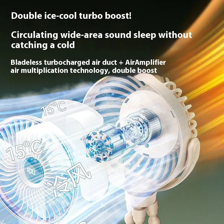 Clip-on portable mini stroller fan with brushless motor, five speed modes, and USB charging in glacier blue colour