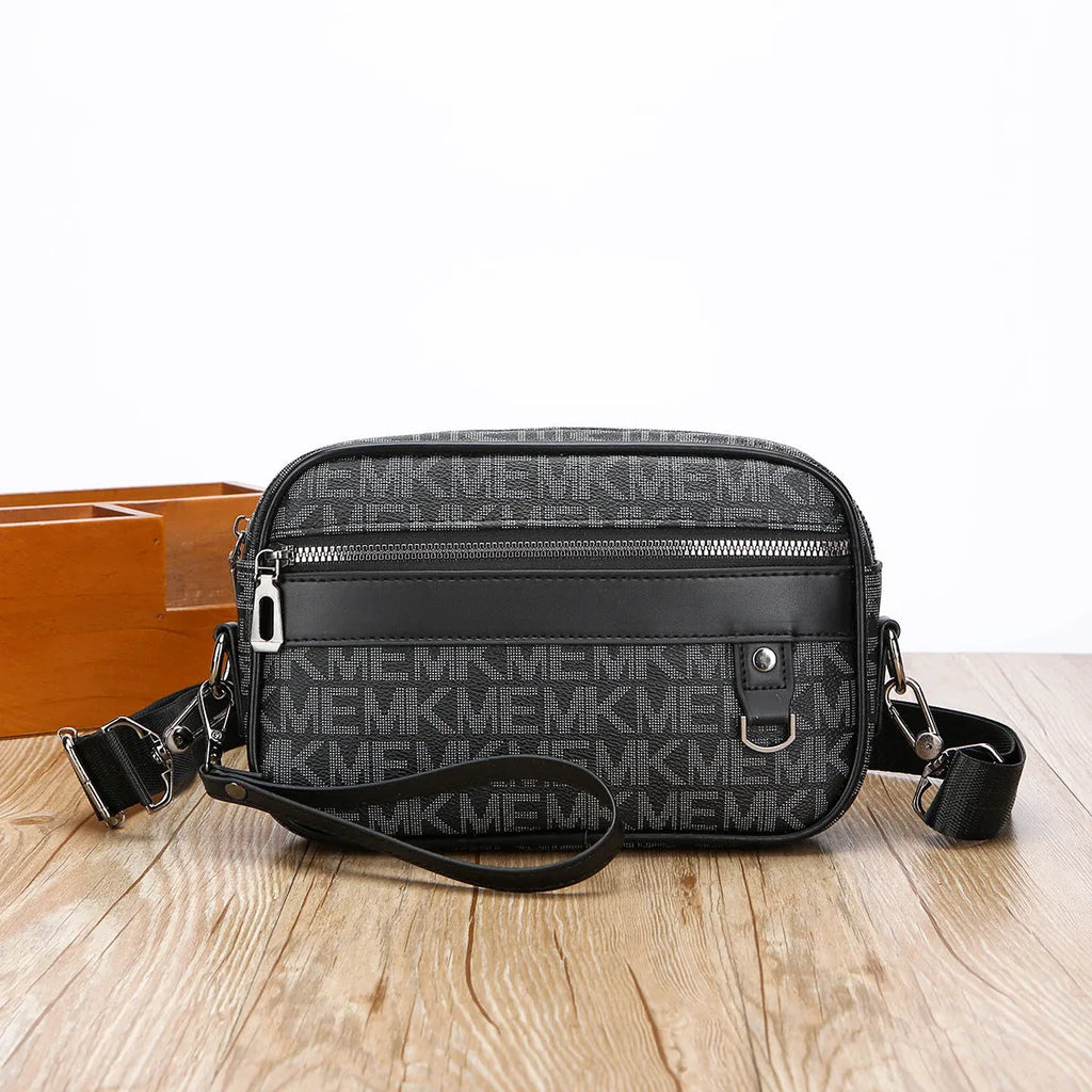 Men's casual shoulder messenger bag large capacity horizontal PU wear-resistant geometric pattern black brown