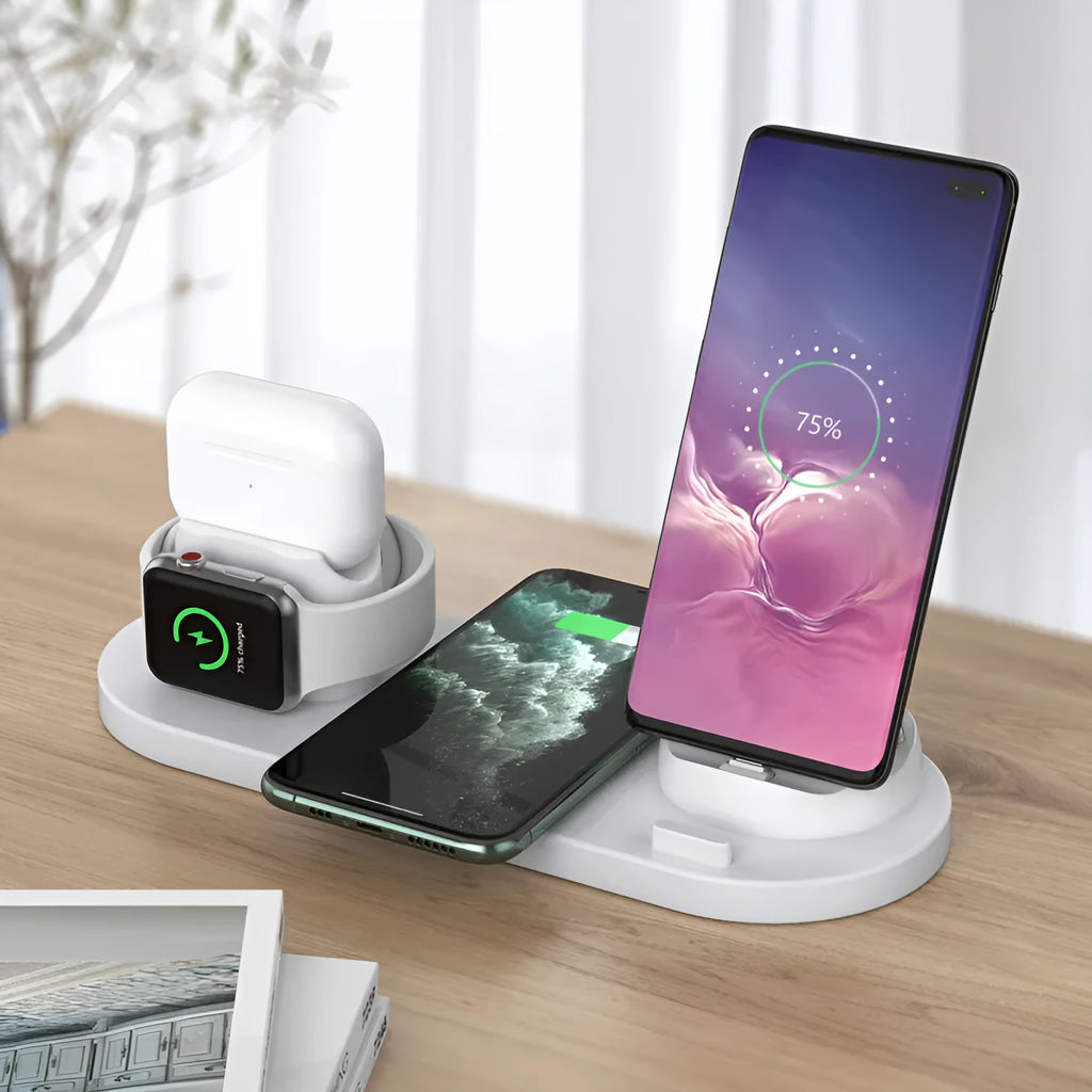 Multifunctional 6-in-1 wireless charging mobile phone holder, ABS PC fireproof, 10W, 23 x 9 x 12.5cm, black