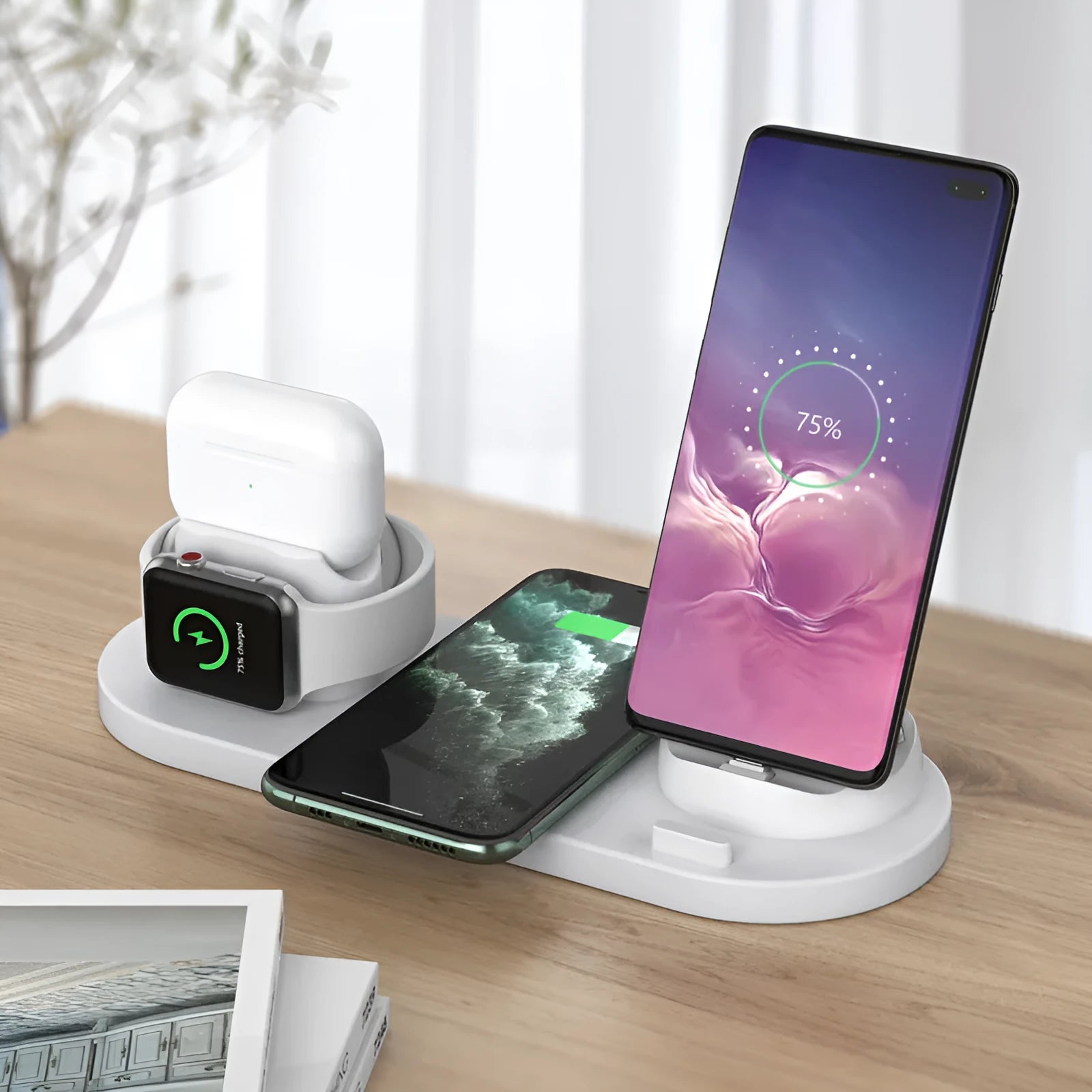 Multifunctional 6-in-1 wireless charging mobile phone holder, ABS PC fireproof, 10W, 23 x 9 x 12.5cm, black