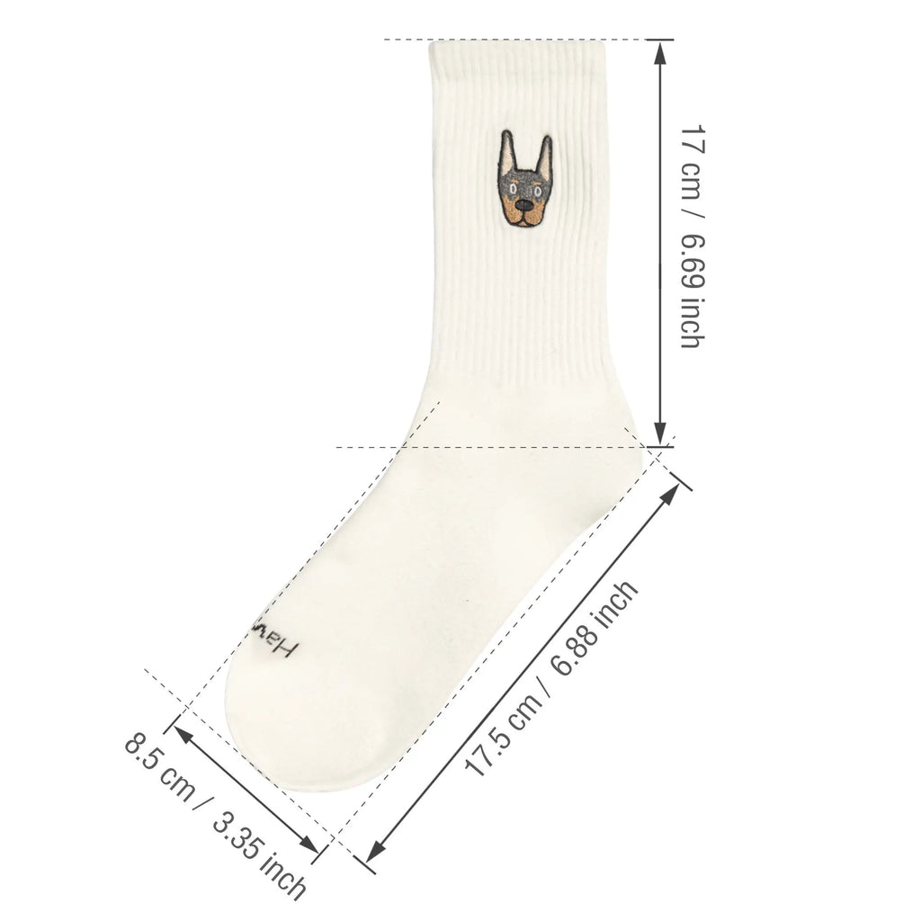 White cotton tube socks with printed white dog breed designs for students and everyday wear