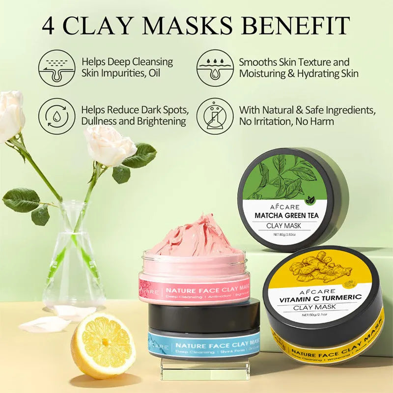 4 pack of Dead Sea mud, green tea, turmeric and rose clay face masks in 80ml pots on white background
