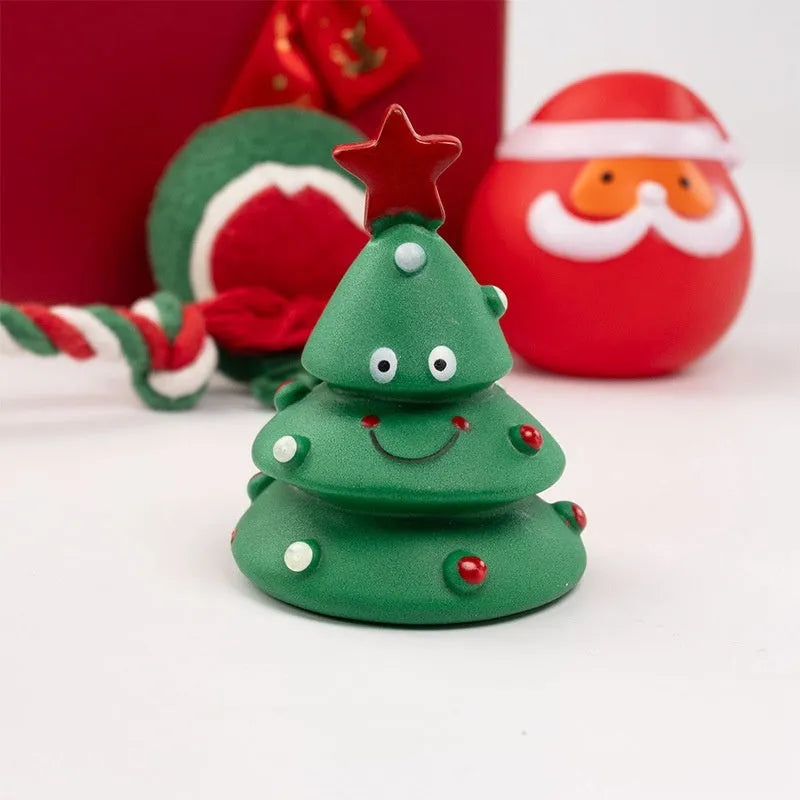 Set of Christmas-themed dog toys including barbell, sweet circle, Christmas tree, footprint ball, tennis bite rope, Santa Claus head, and yellow deer in vinyl material