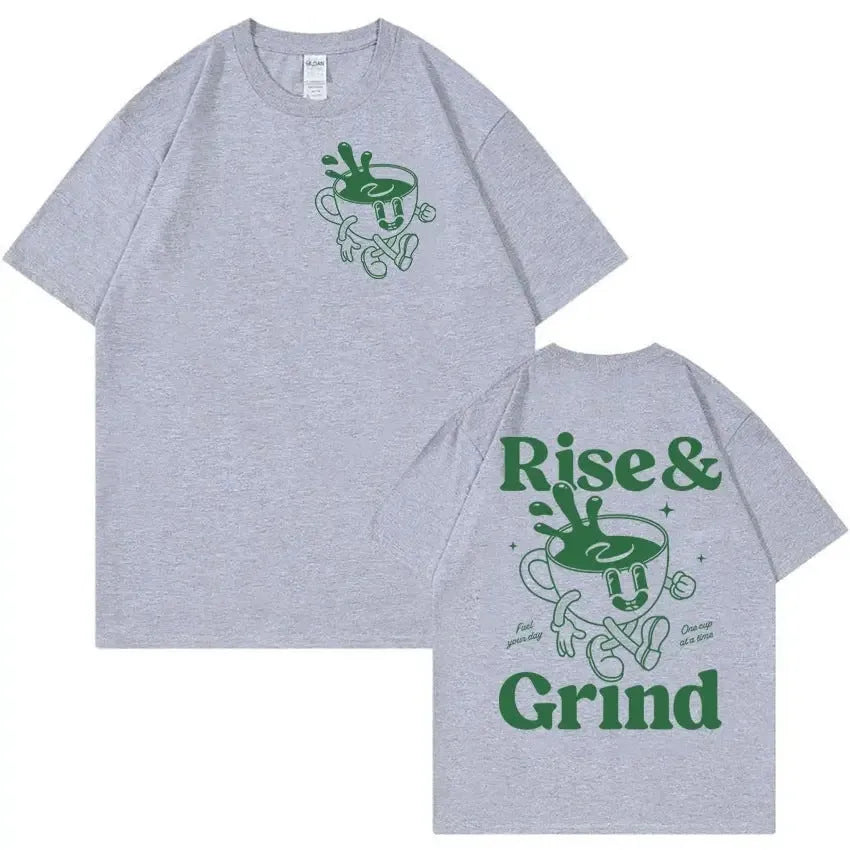 Men's loose fit linen t-shirt with green 'Rise And Grind' coffee cartoon print on chest.