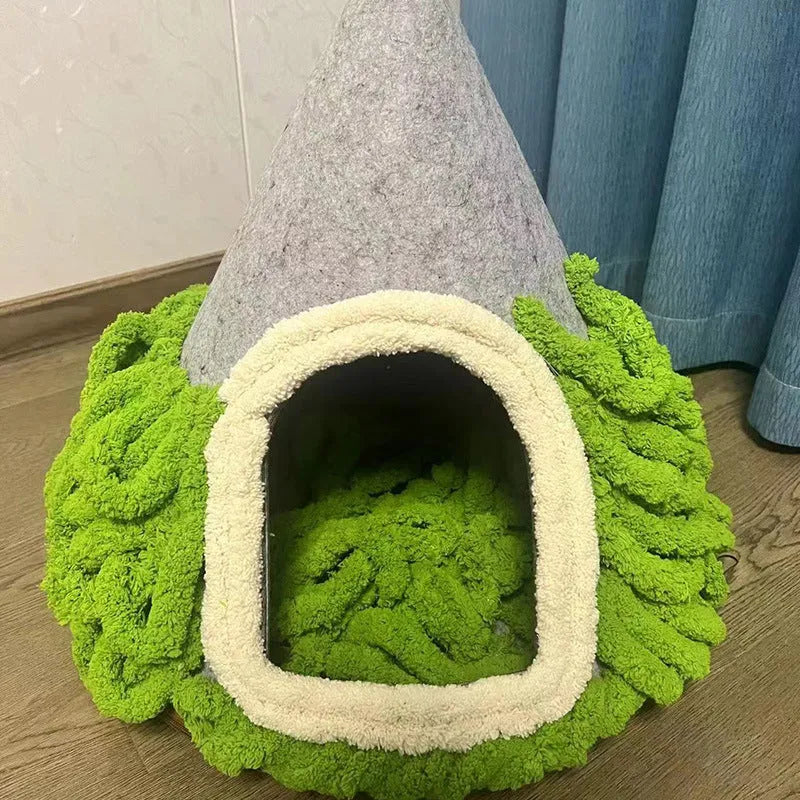 Grey handmade felt enclosed tent style cat nest 50cm diameter 51cm height for cats under 12 pounds