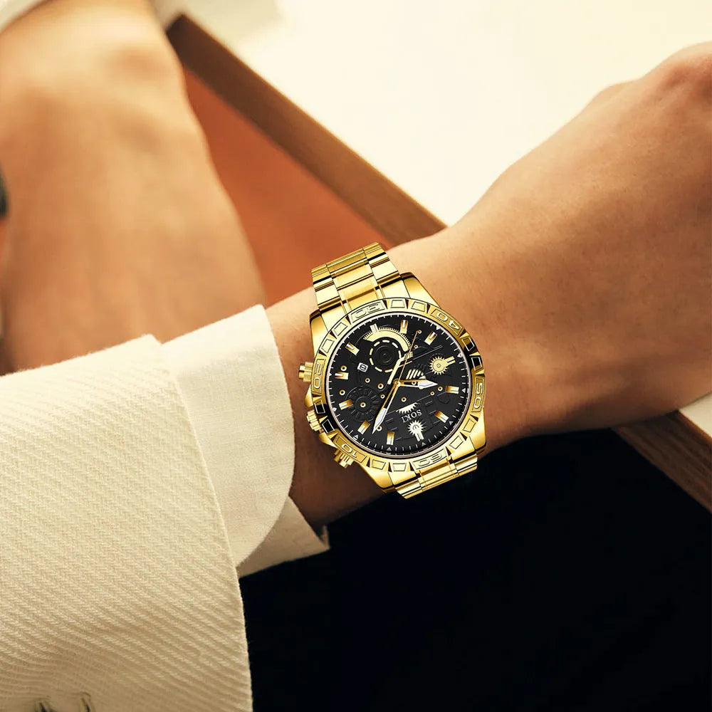 Gold-coloured men's business watch with stainless steel strap and calendar display