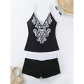 Plus size women's printed two-piece swimsuit in black or rose red with briefs style bottom.
