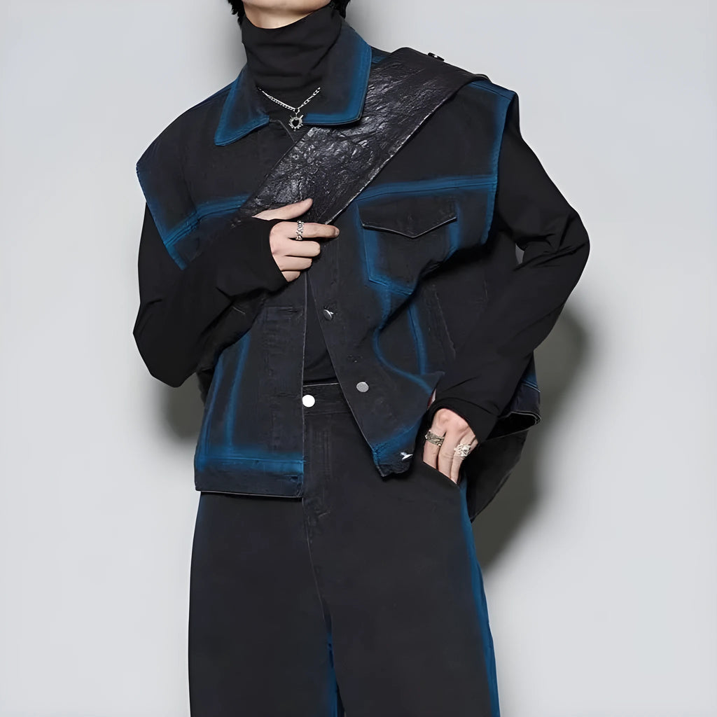 Youth fashion distressed denim suit set showing sleeveless vest and matching jeans with colour gradient finish