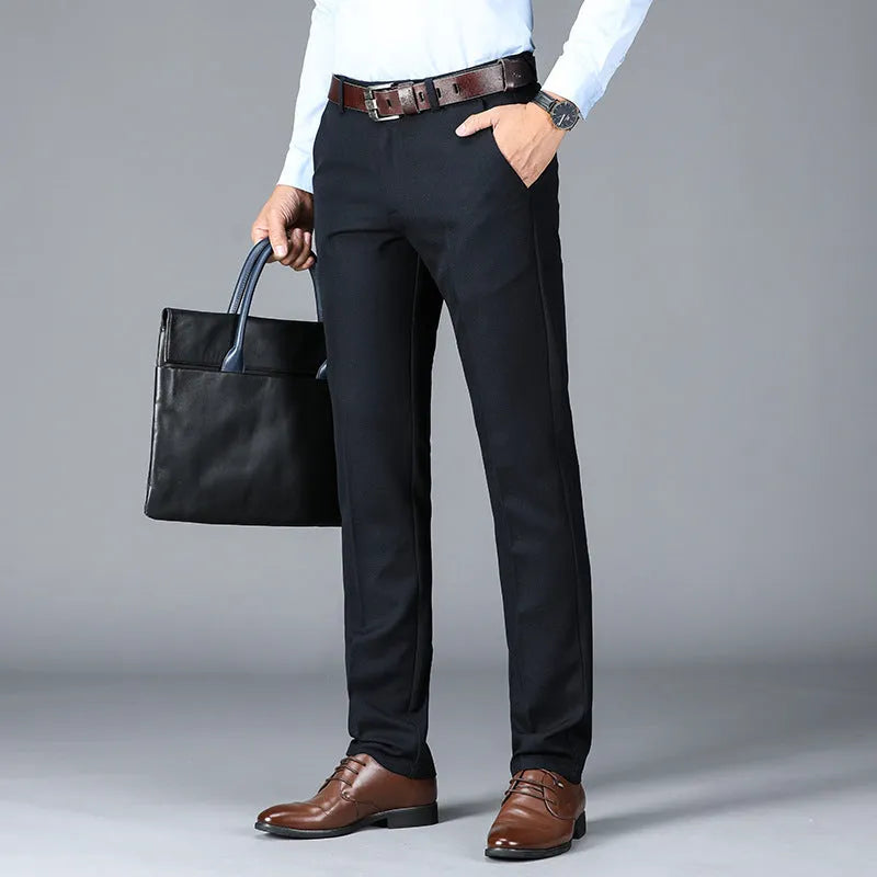 Men's cotton straight leg casual trousers in black, dark blue, and grey, waist sizes 28-42