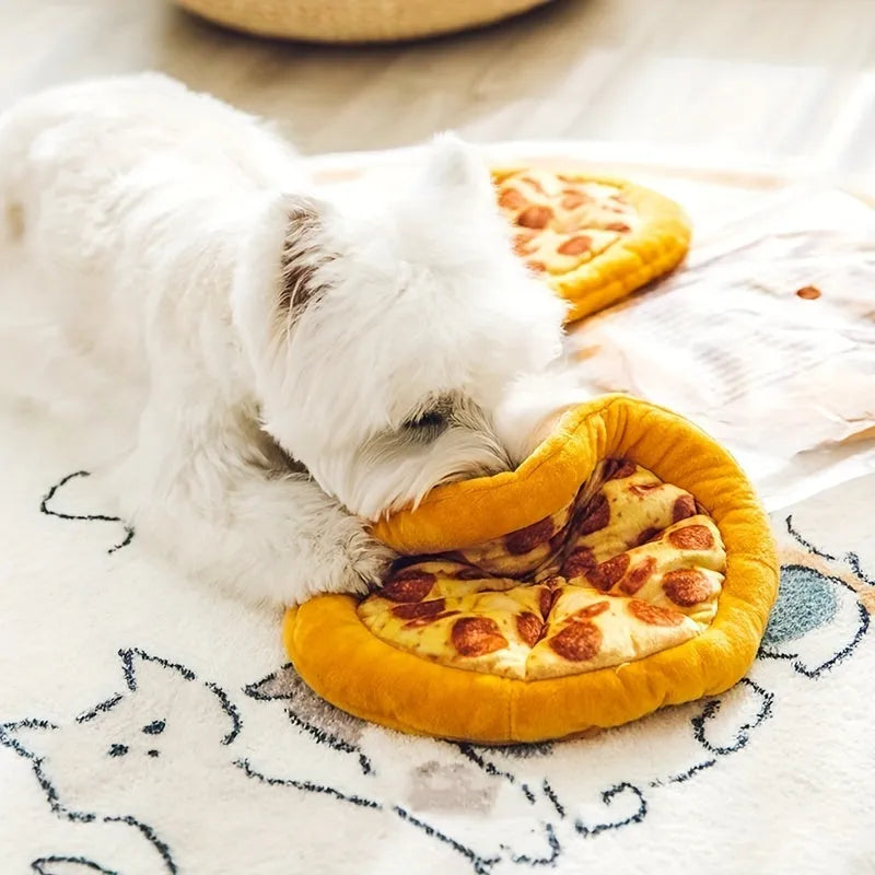 Yellow plush pizza-shaped dog toy with a squeaker inside for chewing and interactive play.
