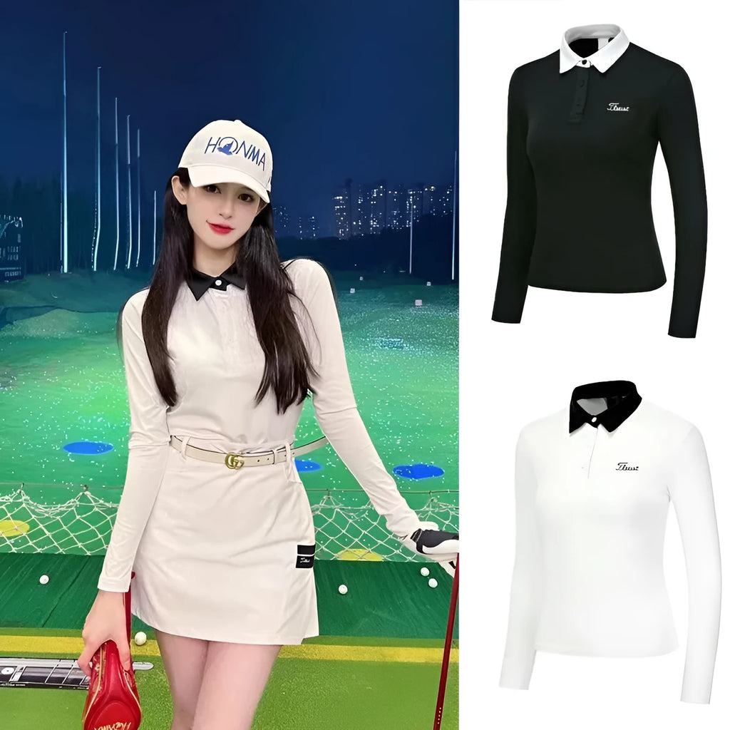 Women's white long sleeve golf top with sportswear design for outdoor activities