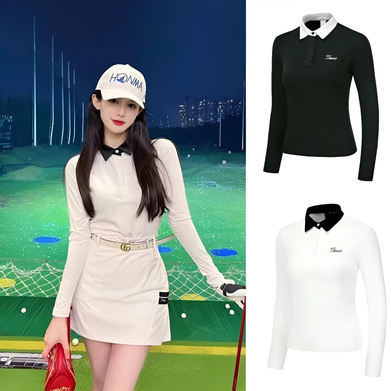 Women's white long sleeve golf top with sportswear design for outdoor activities