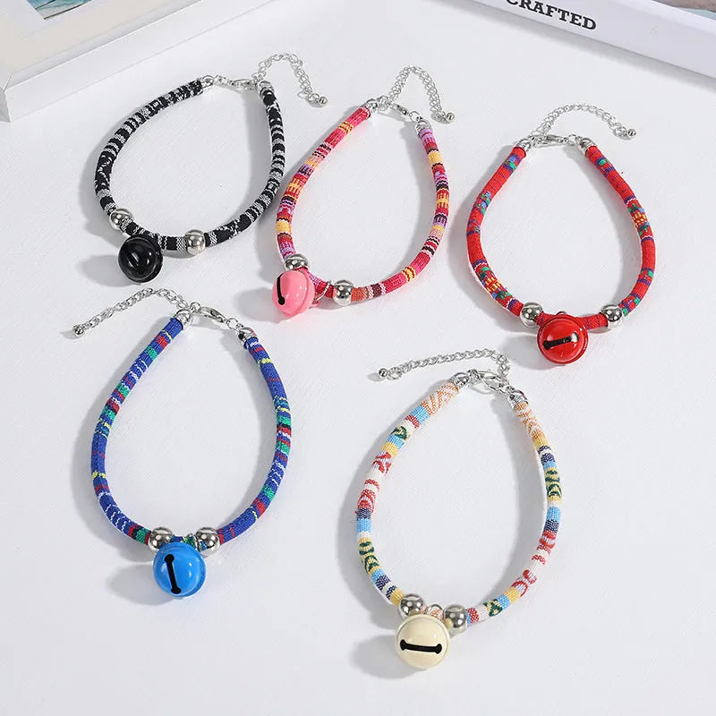Adjustable ethnic style pet collar with bell necklace pattern in multiple colour options