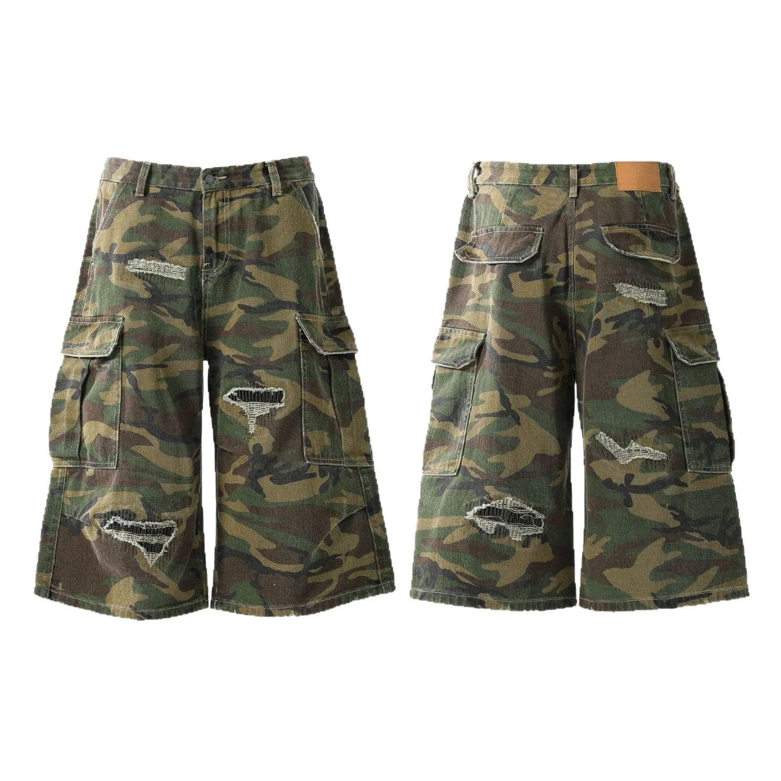 Retro camouflage cotton denim cropped trousers for men, mid-waist straight leg
