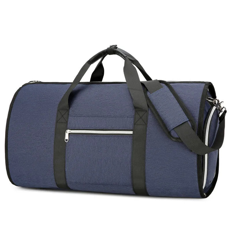 Expandable Oxford cloth storage bag in grey, shown with dry-wet separation compartment.