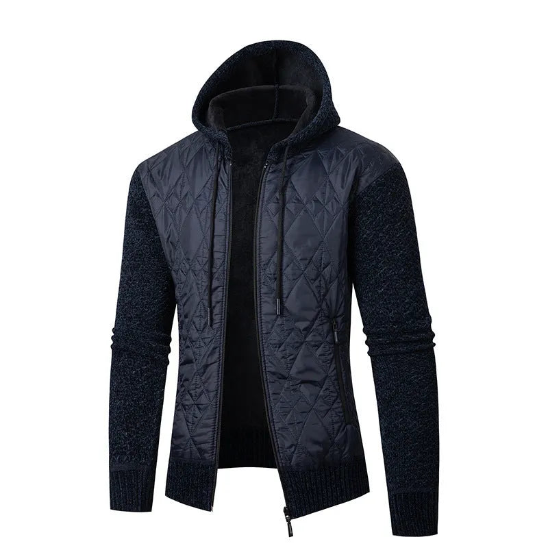 Men's grey hooded corduroy sweater coat with cinched waist showing wool texture and cardigan style