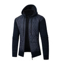 Men's grey hooded corduroy sweater coat with cinched waist showing wool texture and cardigan style